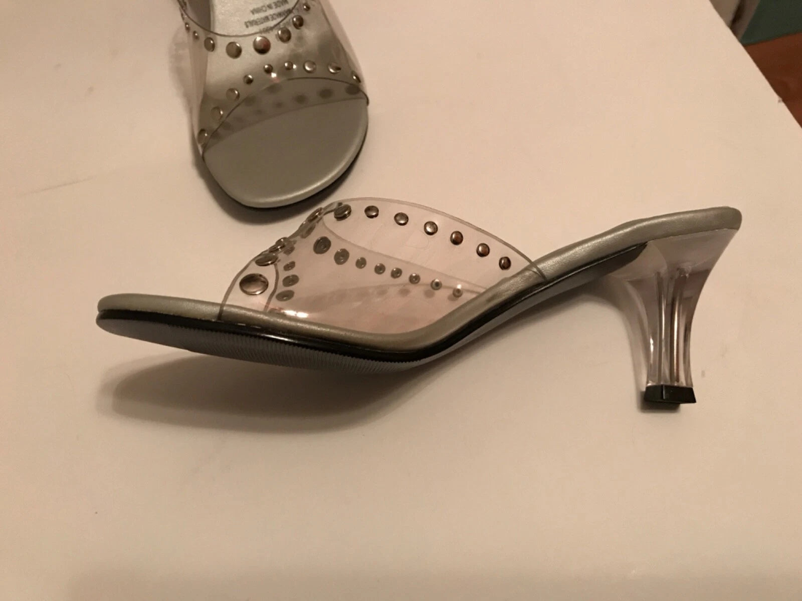 Fashion Bug Slide Sandal Clear Studs Mid Heel NIB 6 1/2 Strapless 068-204331