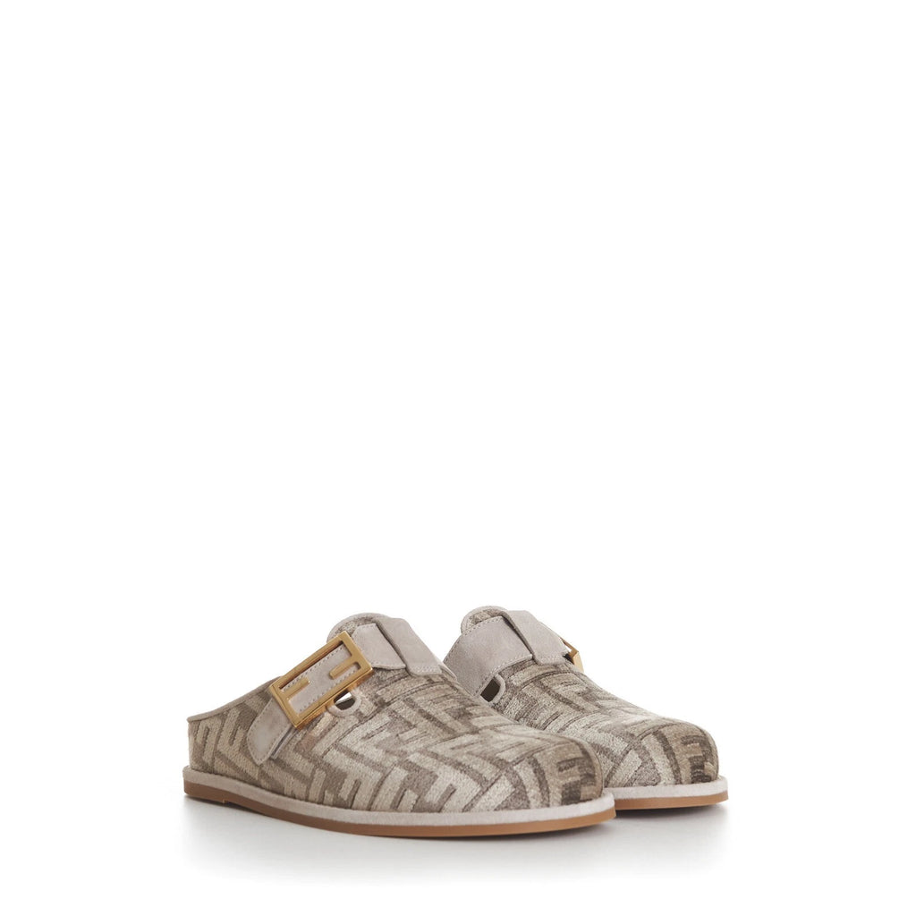 FENDI 995$ Dove Gray Chenille Sabots Sandals - FF Motif / FF Buckle