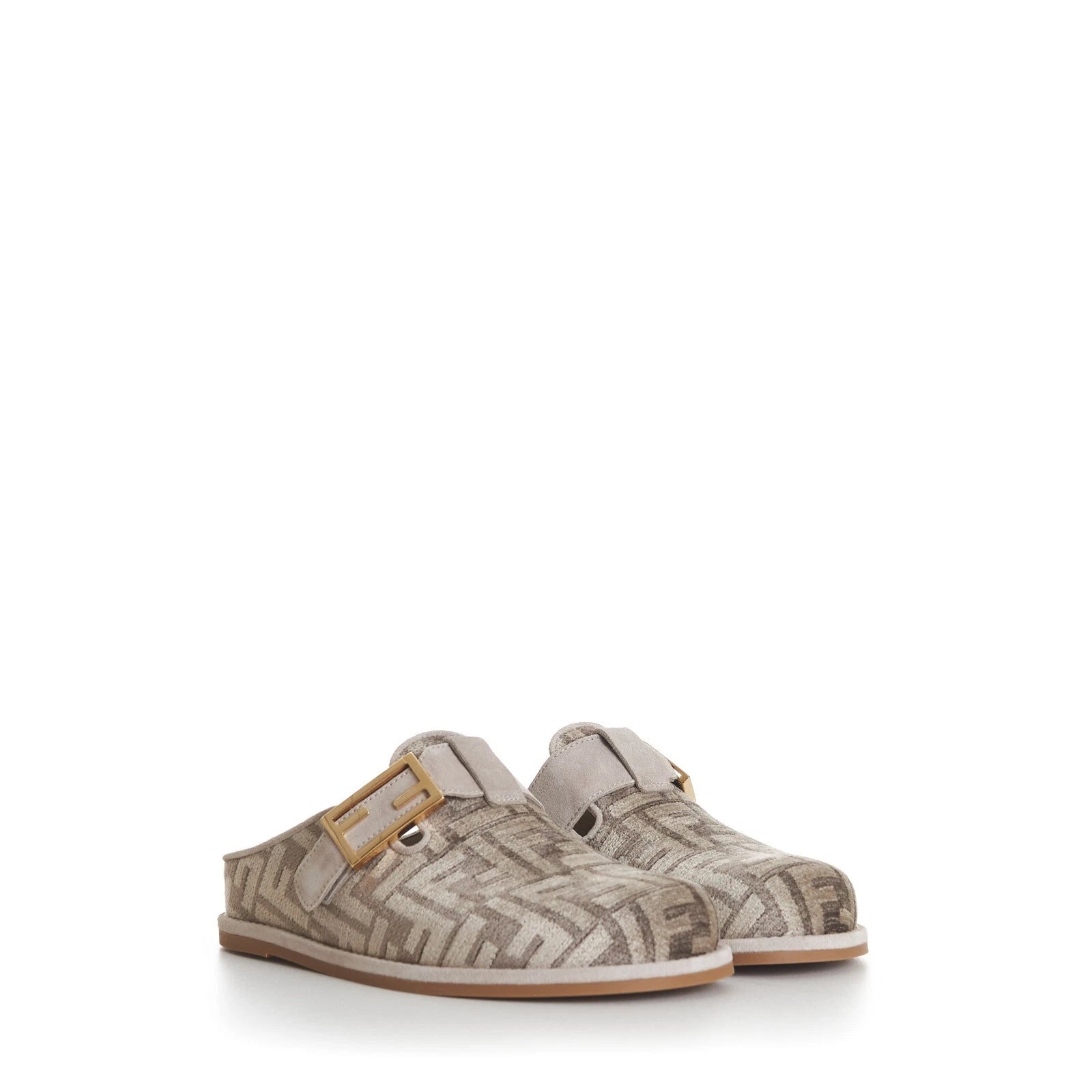 FENDI 995$ Dove Gray Chenille Sabots Sandals - FF Motif / FF Buckle