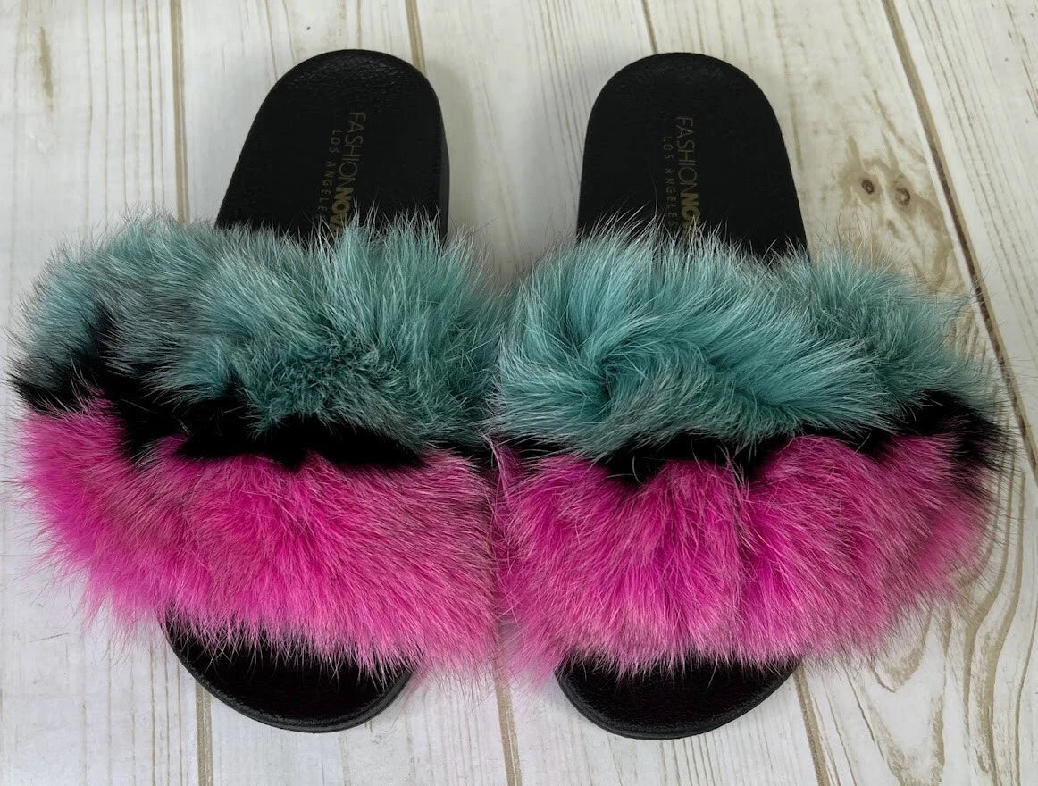 New Fashion Nova Women's Casino Rainbow Baby Slides Size 8 Faux Fur NWB