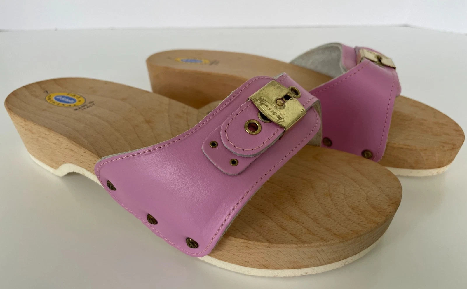 Dr. Scholl's The Original Wooden Sandals Slides Pink Leather Size 7 Italy New
