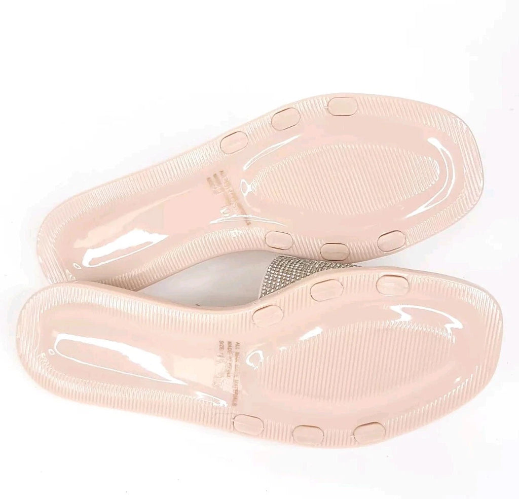 Fashion Nova Sandals Womens 10 w/ Box Flats Silver Rhinestones Slides Slip On