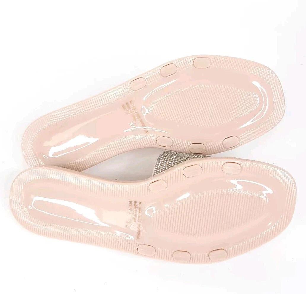 Fashion Nova Sandals Womens 10 w/ Box Flats Silver Rhinestones Slides Slip On