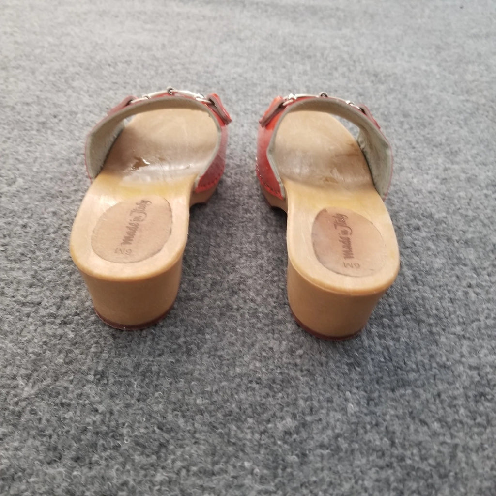 Made in Italy Women Clogs Size US 6M Orange Open Toe Wooden Look Silver Buckle*