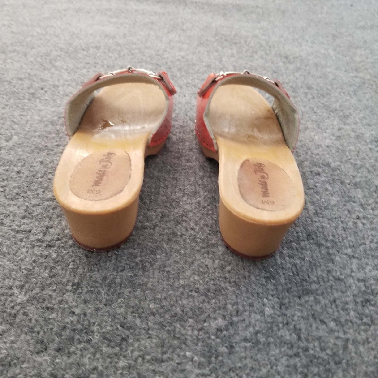 Made in Italy Women Clogs Size US 6M Orange Open Toe Wooden Look Silver Buckle*