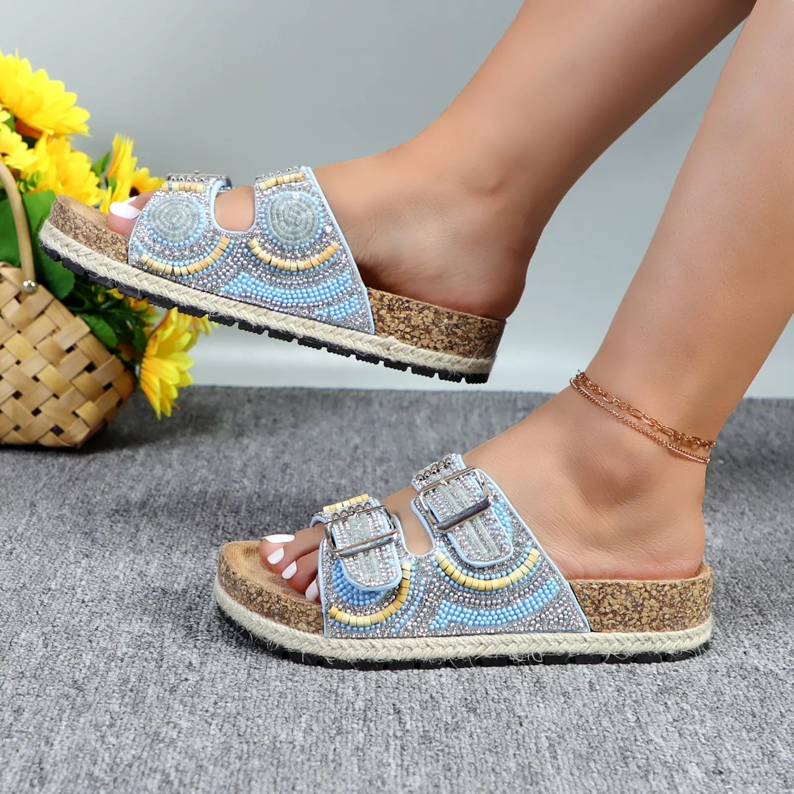 Glaze Women's Beaded Rhinestone Sandal Buckle Cork Footbed Slides Bohemian Style