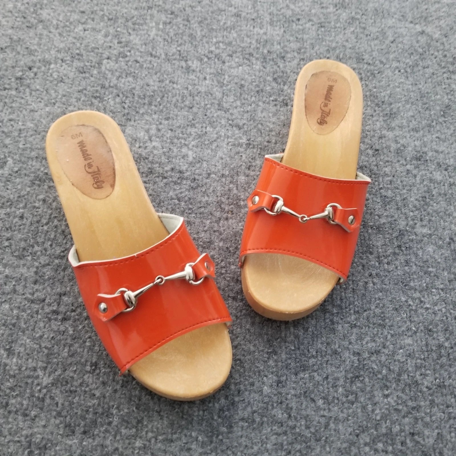Made in Italy Women Clogs Size US 6M Orange Open Toe Wooden Look Silver Buckle*