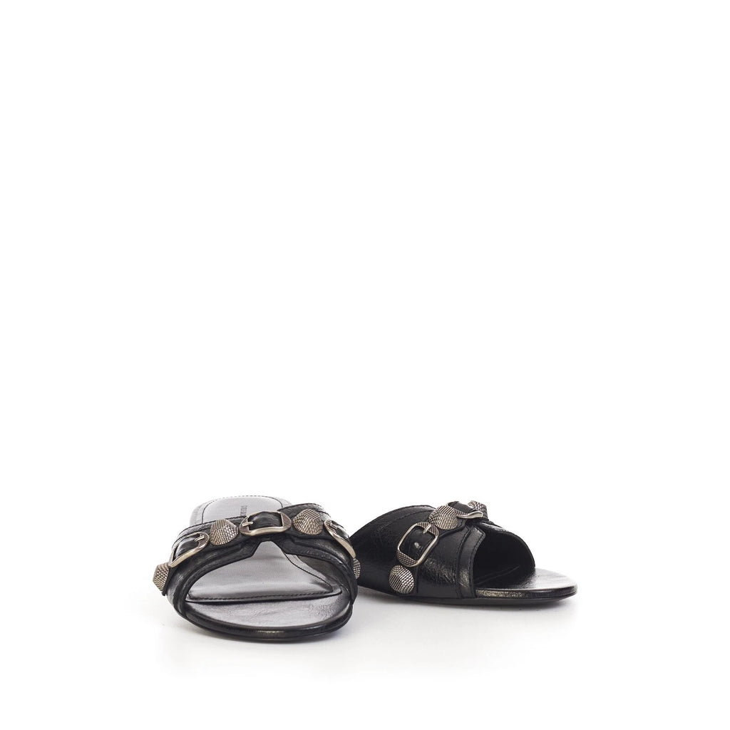 BALENCIAGA 750$ Cagole Slide Sandals - Arena, Studs, Black Leather