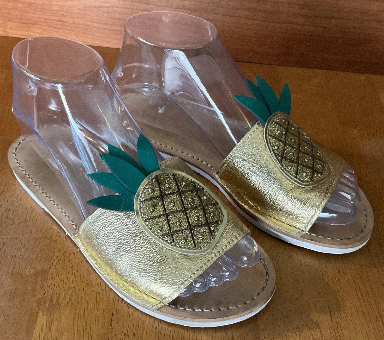 Kate Spade Womens Gold Metallic Leather Glitter Pineapple Sandals Slides Size 6