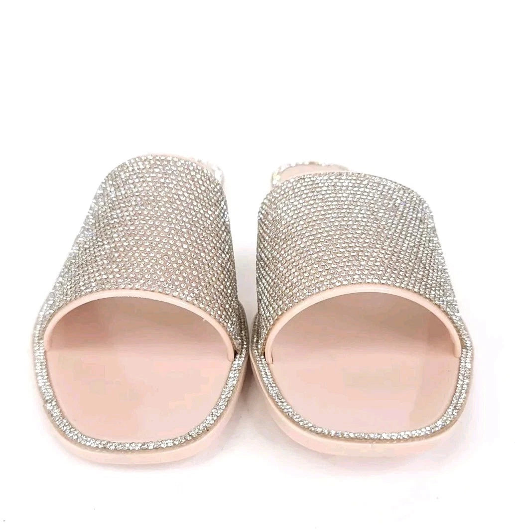 Fashion Nova Sandals Womens 10 w/ Box Flats Silver Rhinestones Slides Slip On