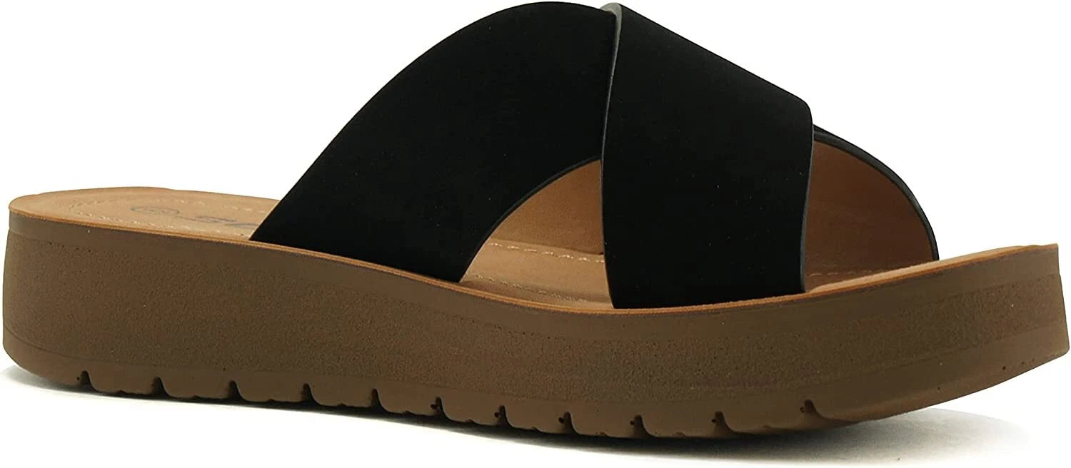 Women Open Toe Flatform Platform Crisscross Band Upper Fashion Slide SODA LUCY