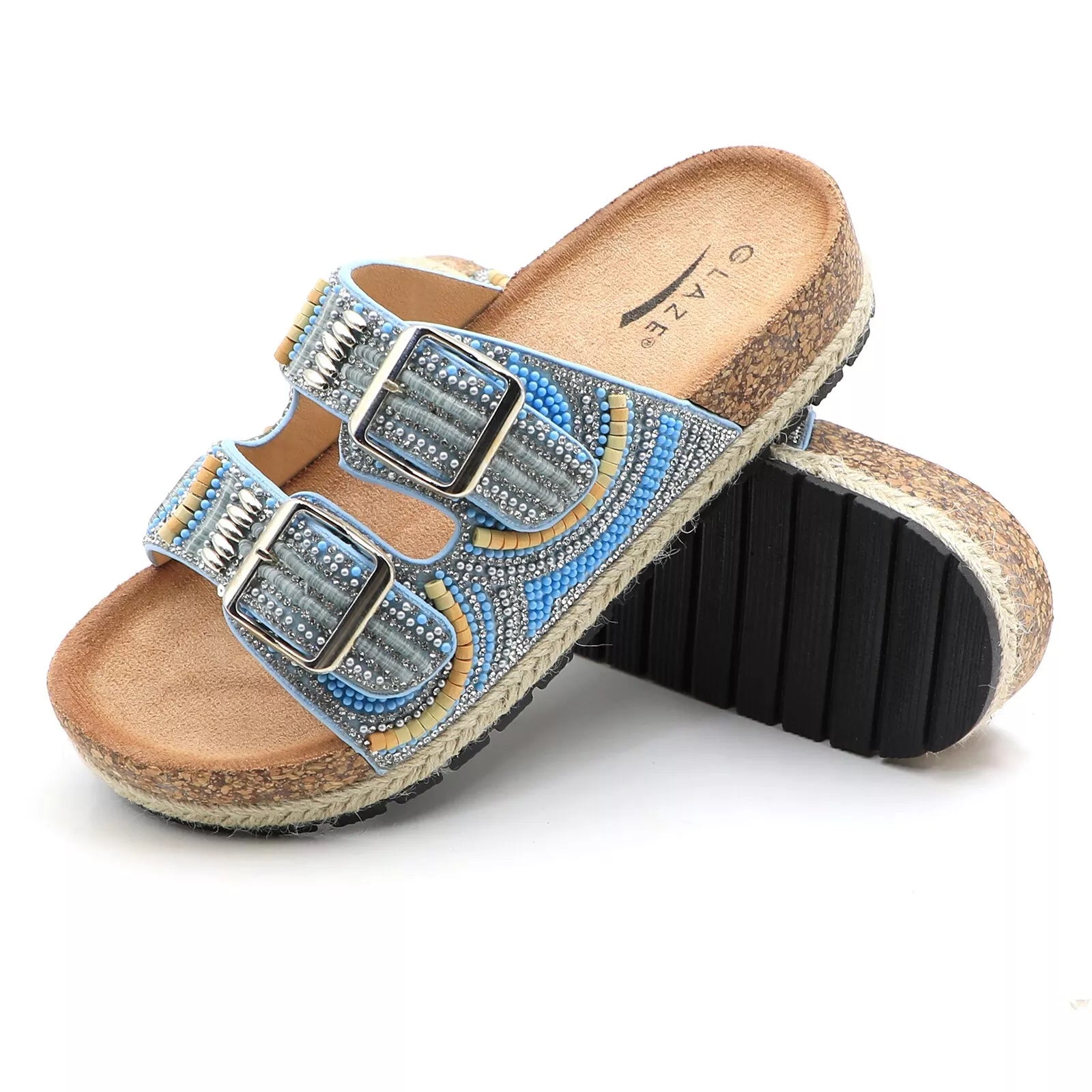 Glaze Women's Beaded Rhinestone Sandal Buckle Cork Footbed Slides Bohemian Style