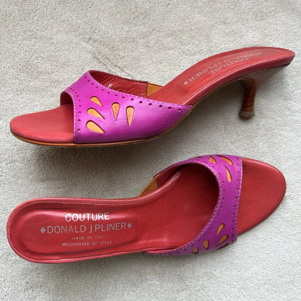 Donald J Pliner Fuschia Pink Orange Leather Kitten Heeled Sandals Women 6.5 Pop