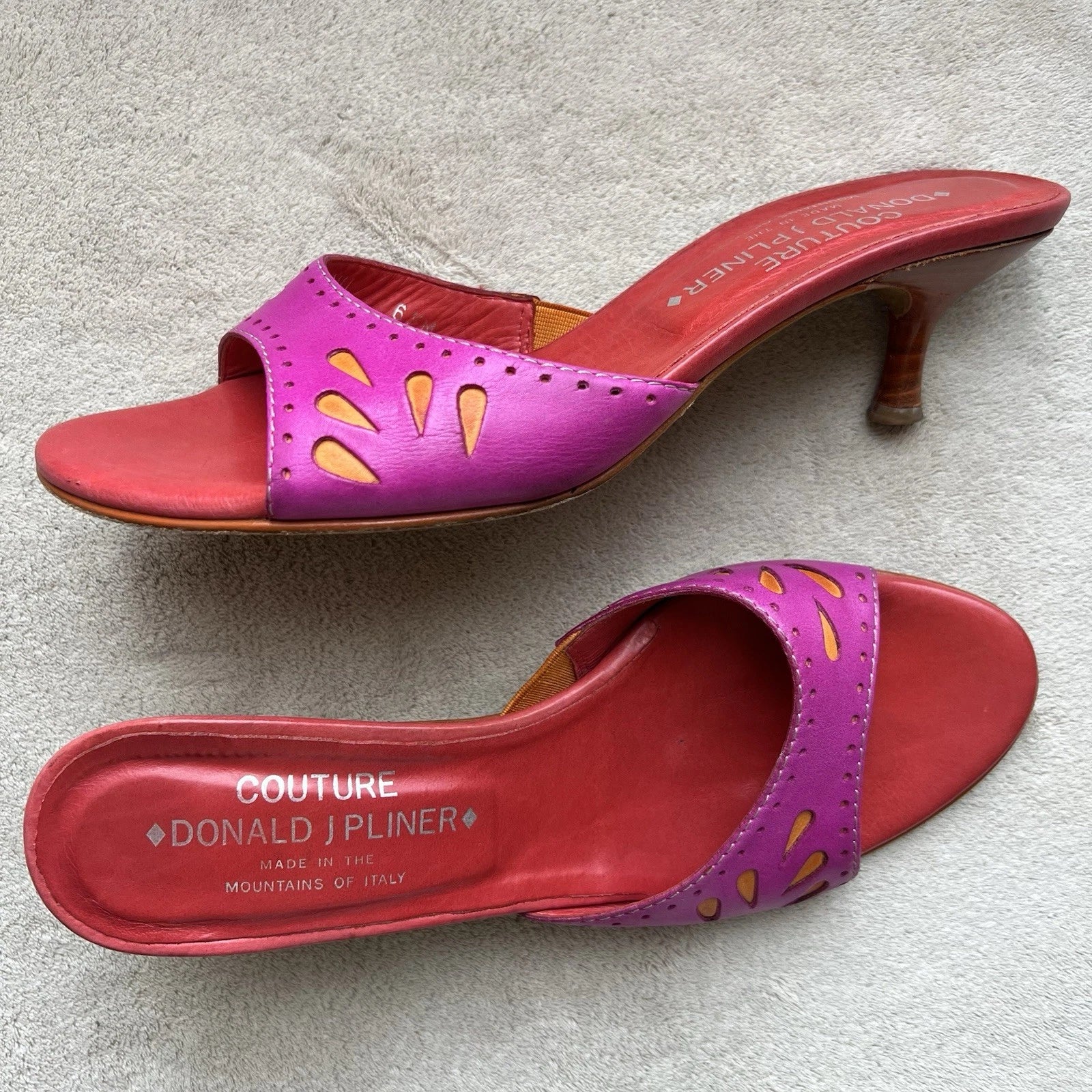 Donald J Pliner Fuschia Pink Orange Leather Kitten Heeled Sandals Women 6.5 Pop