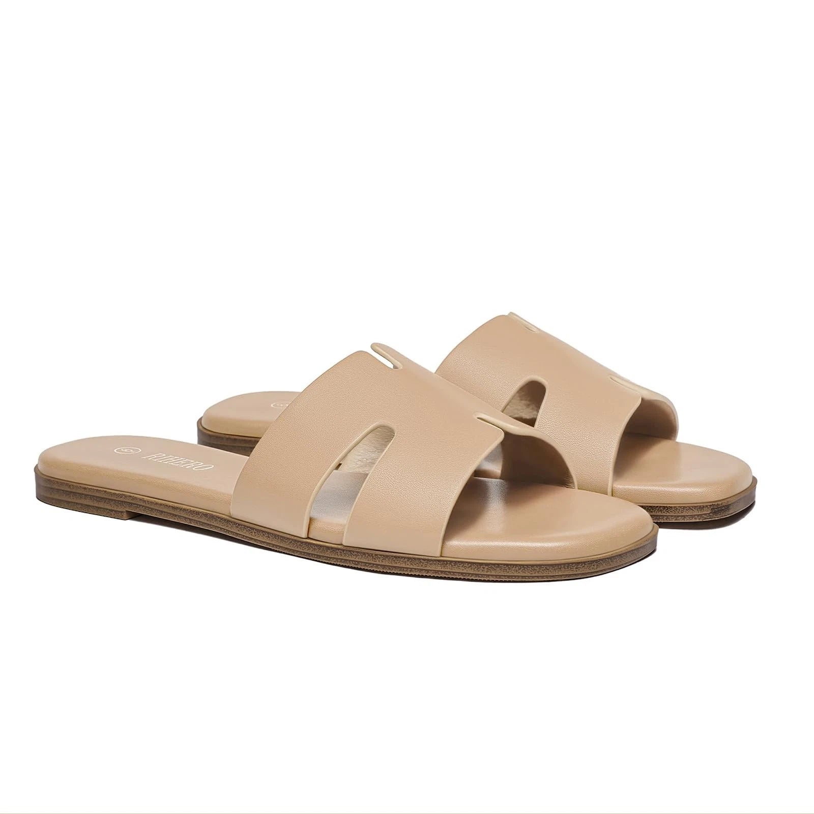 Women's Comfortable Leather Slide Sandals, Dressy Flat Slip-On, Tan