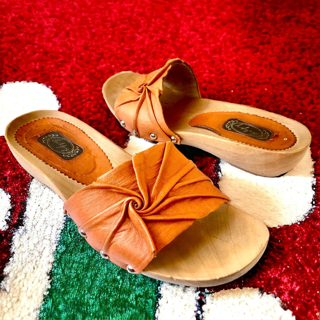 SALPY Handmade Shoes Orange Leather Wooden Mule Style Anna Womens size 7