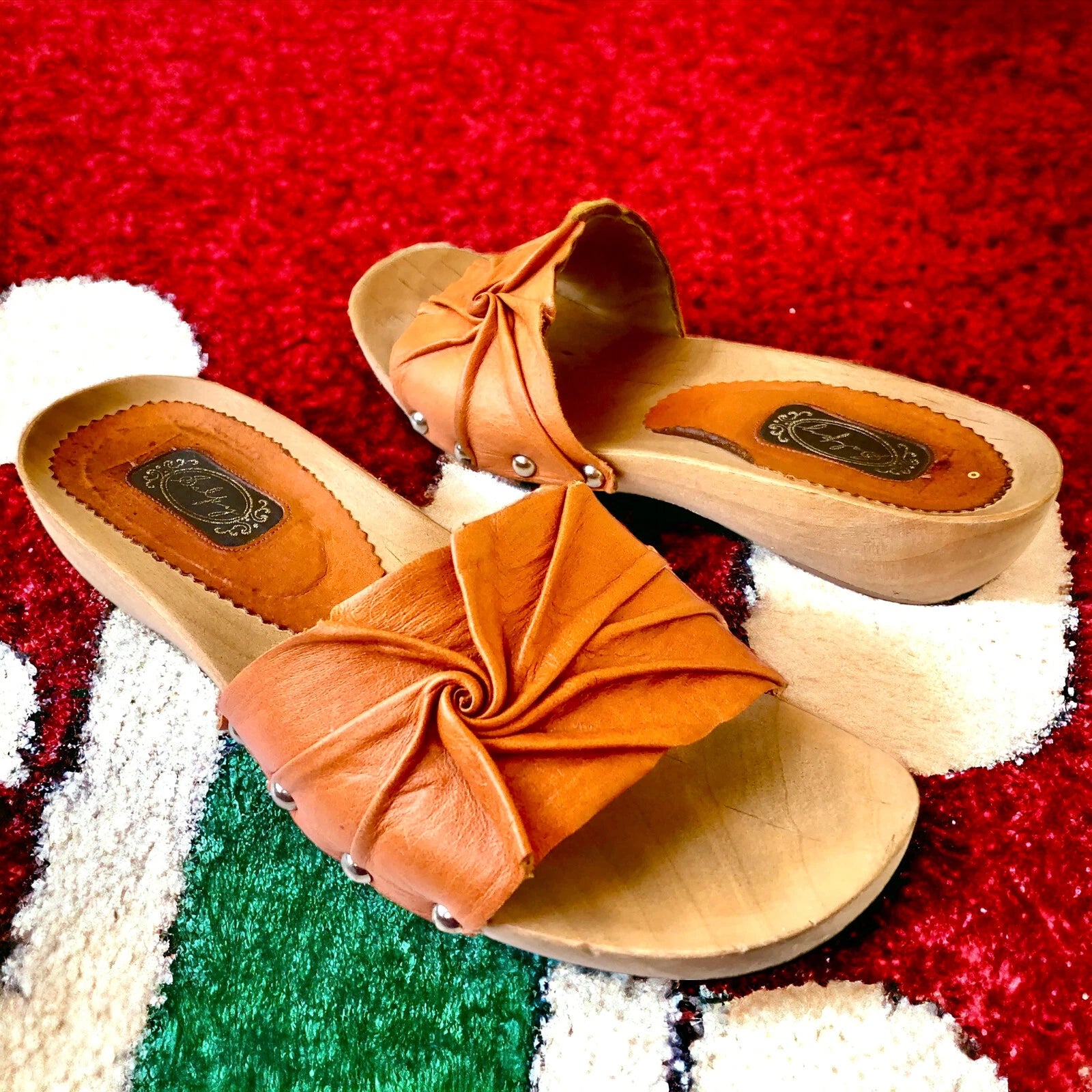 SALPY Handmade Shoes Orange Leather Wooden Mule Style Anna Womens size 7
