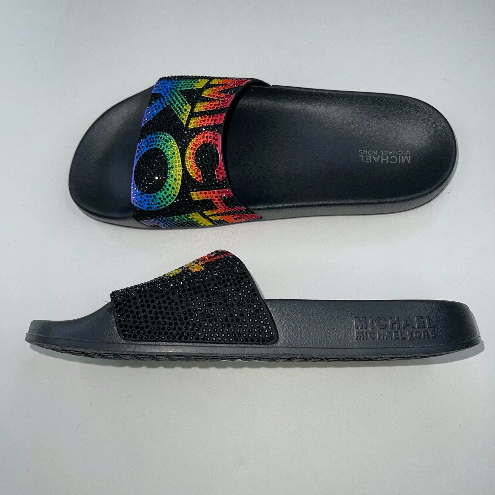 Michael Kors Slides Womens Rhinestones Rainbow Black Bling Sparkly Pride Gilmore