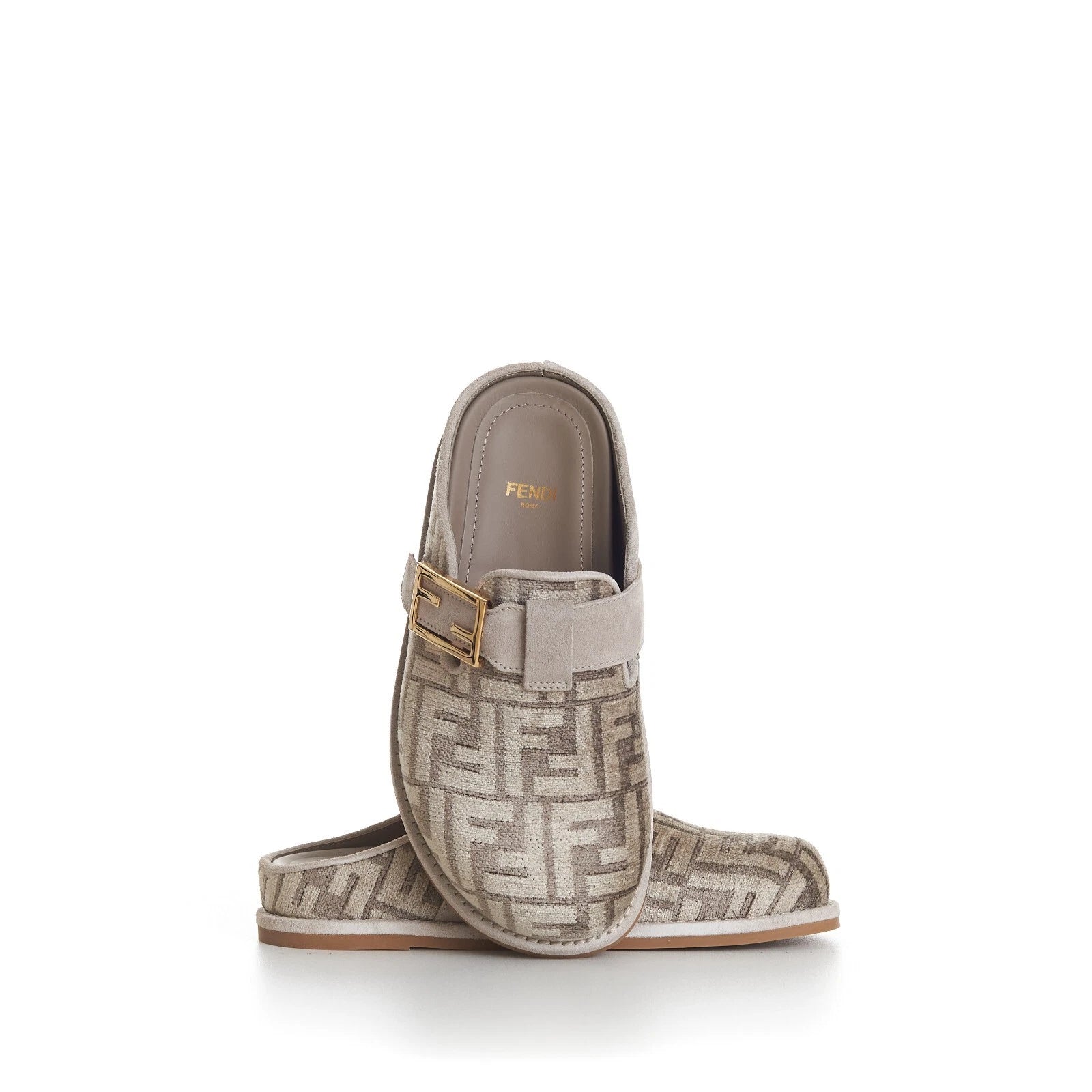 FENDI 995$ Dove Gray Chenille Sabots Sandals - FF Motif / FF Buckle