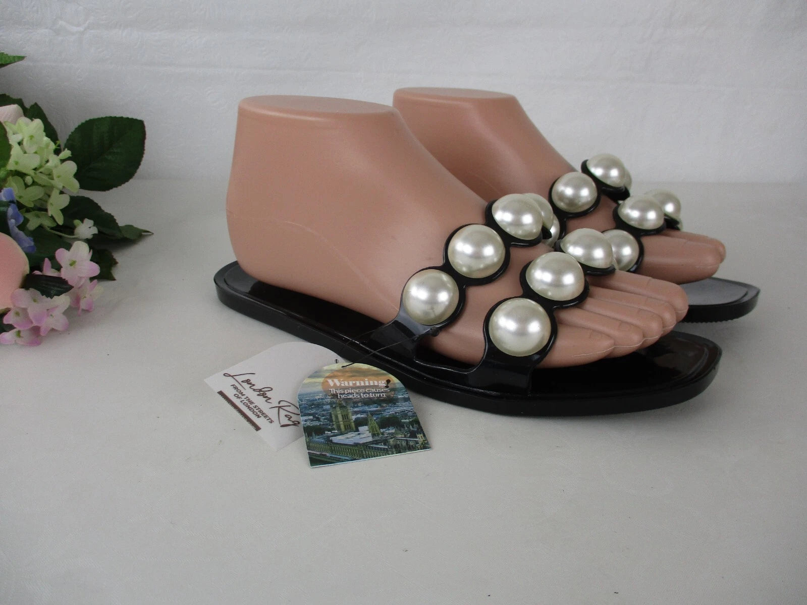 NWT London Rag Black Jelly & Faux Chunky Pearl Fashion Slide Sandals size 6 / 37