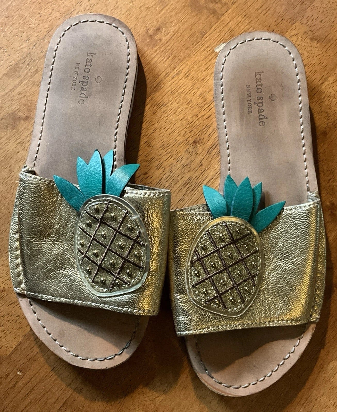 Kate Spade Womens Gold Metallic Leather Glitter Pineapple Sandals Slides Size 6