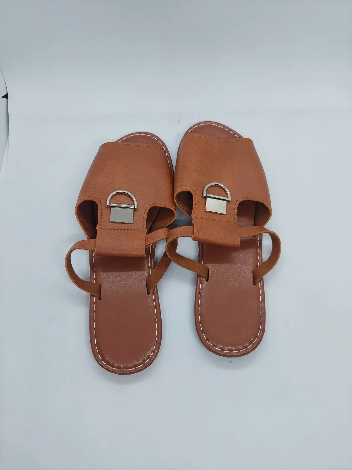 Women Sandals Metal Decor Cut Out Slide Fashionable Brown Flat Size 38 US 7