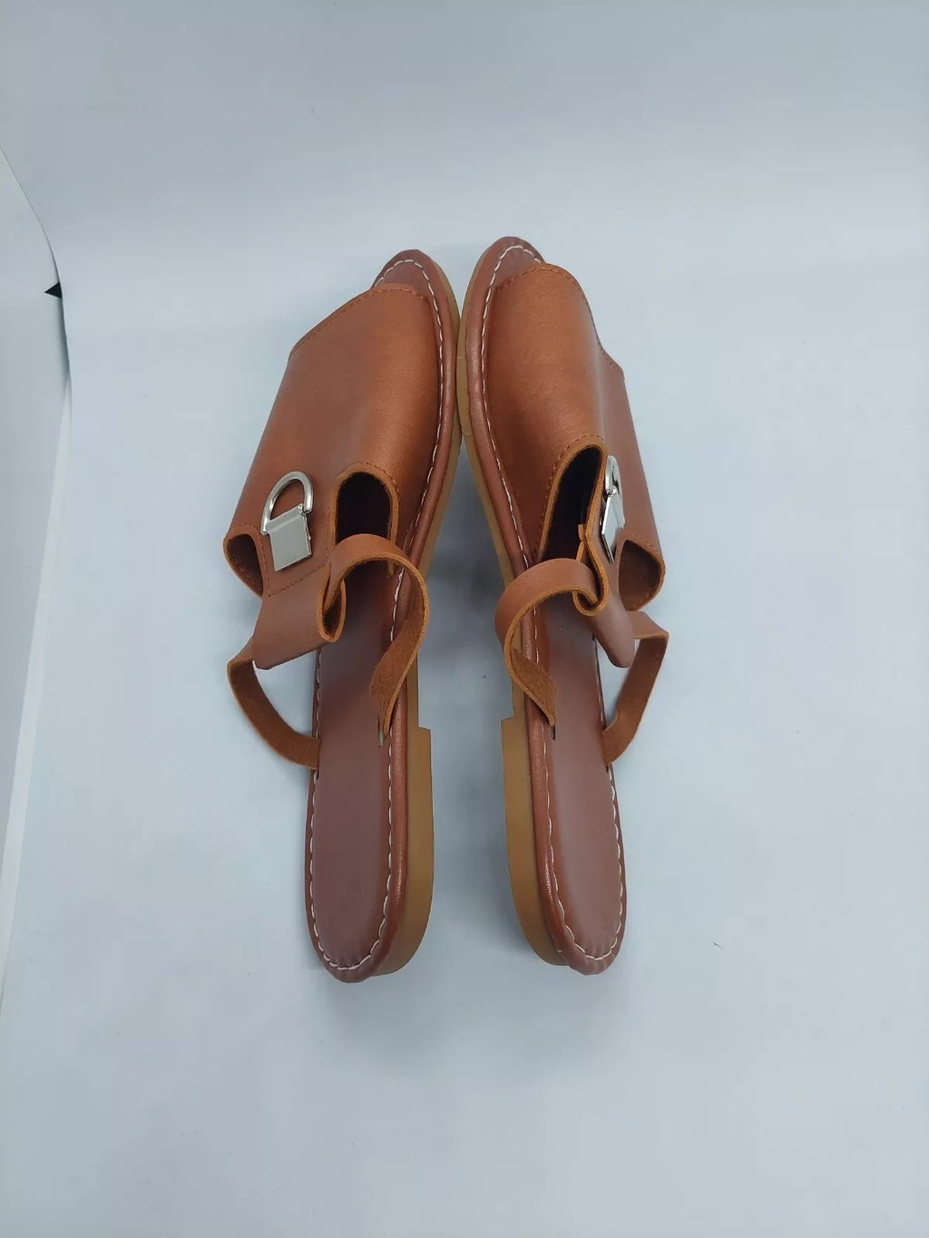 Women Sandals Metal Decor Cut Out Slide Fashionable Brown Flat Size 38 US 7