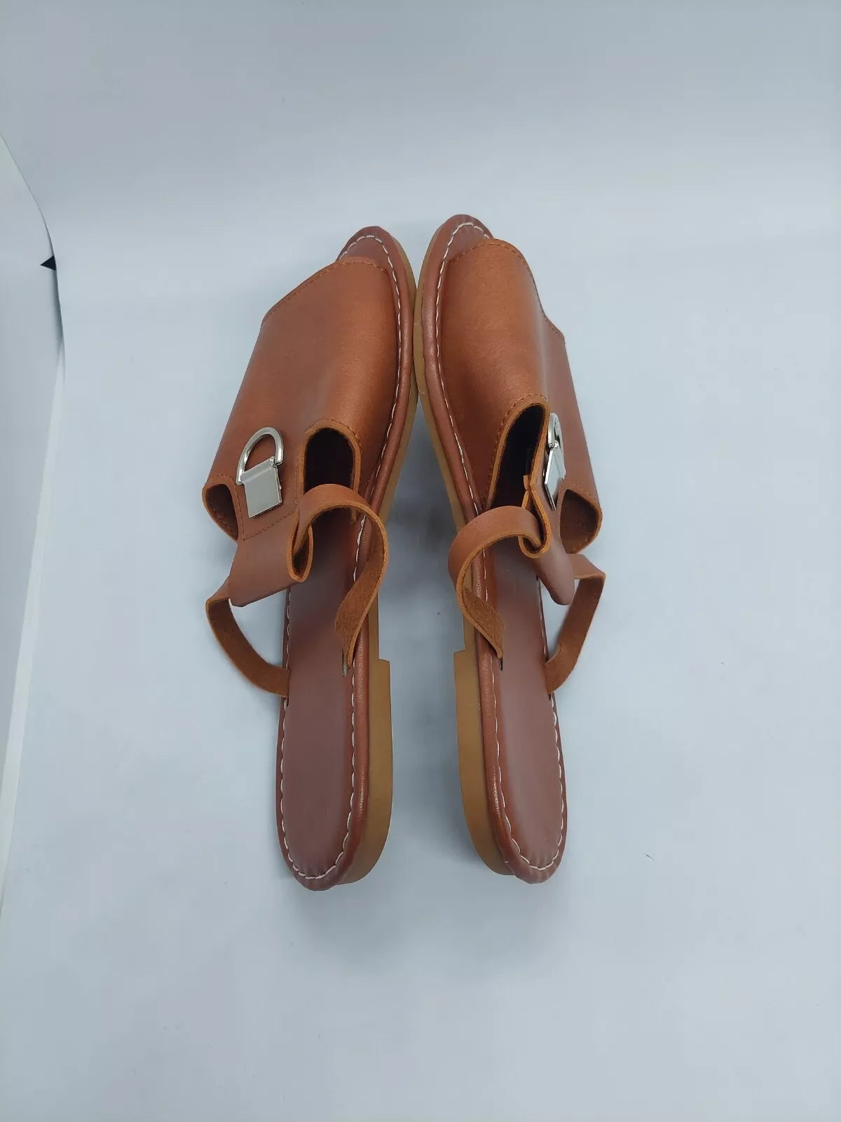 Women Sandals Metal Decor Cut Out Slide Fashionable Brown Flat Size 38 US 7