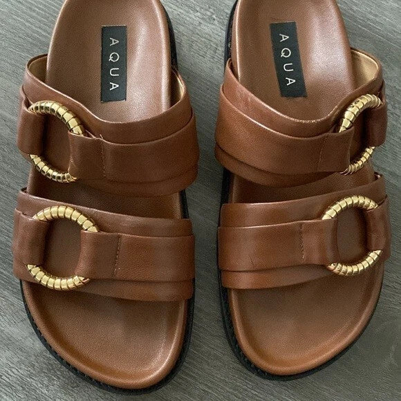 Aqua Bloomingdales Leather Arizona Style Slides Womens 6.5 Brown Gold Black $128