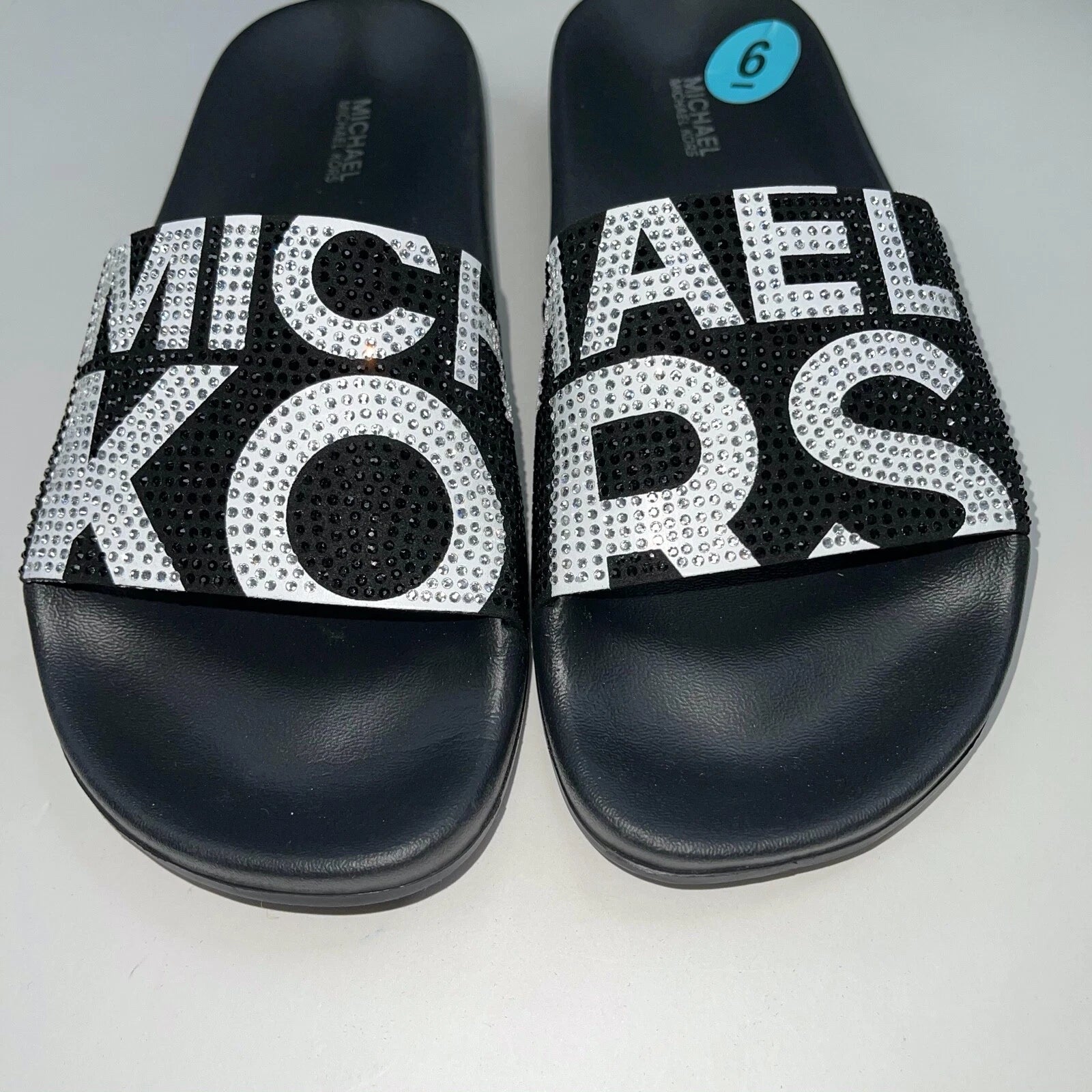 Michael Kors Slides Womens Rhinestones Rainbow Black Bling Sparkly Pride Gilmore