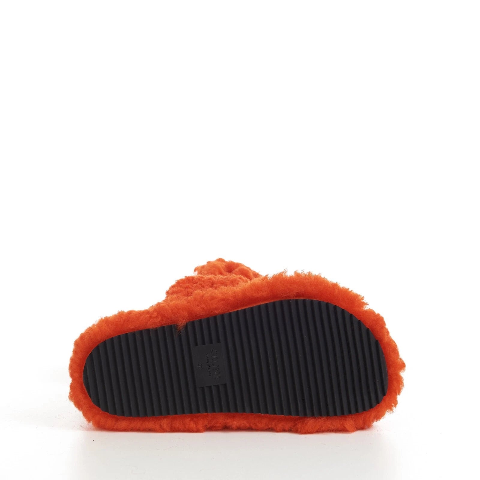 CELINE 730$ Fluffy Shearling Triomphe Fur Slide Sandals - Bright Orange, Patch