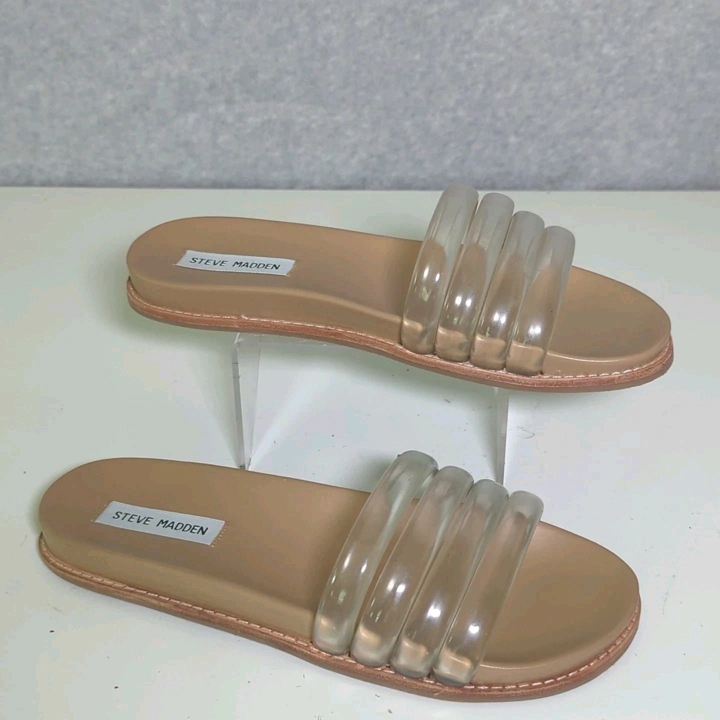 STEVE MADDEN Clear Lucite Strap Drips Slip-On Slides Sandals 7.5 Flats Beach