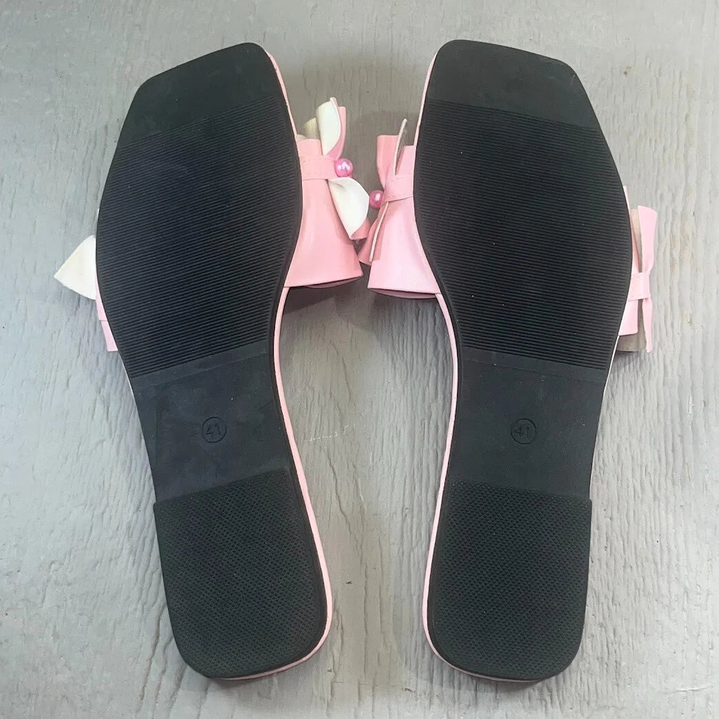 Women's Pearls Pink Ruffles Flat Dressy Sandals Fashion Square Toe Summer Beach