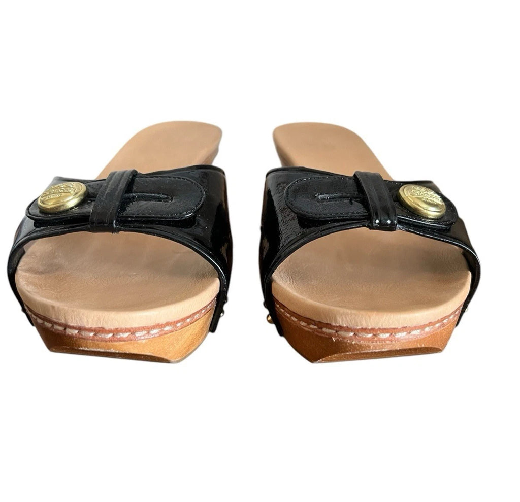 Auth COACH LEE BLK CRINKLE PATENT WOOD SLIDES CLOG SANDAL  SLIP ON  ~ Size 8.5B