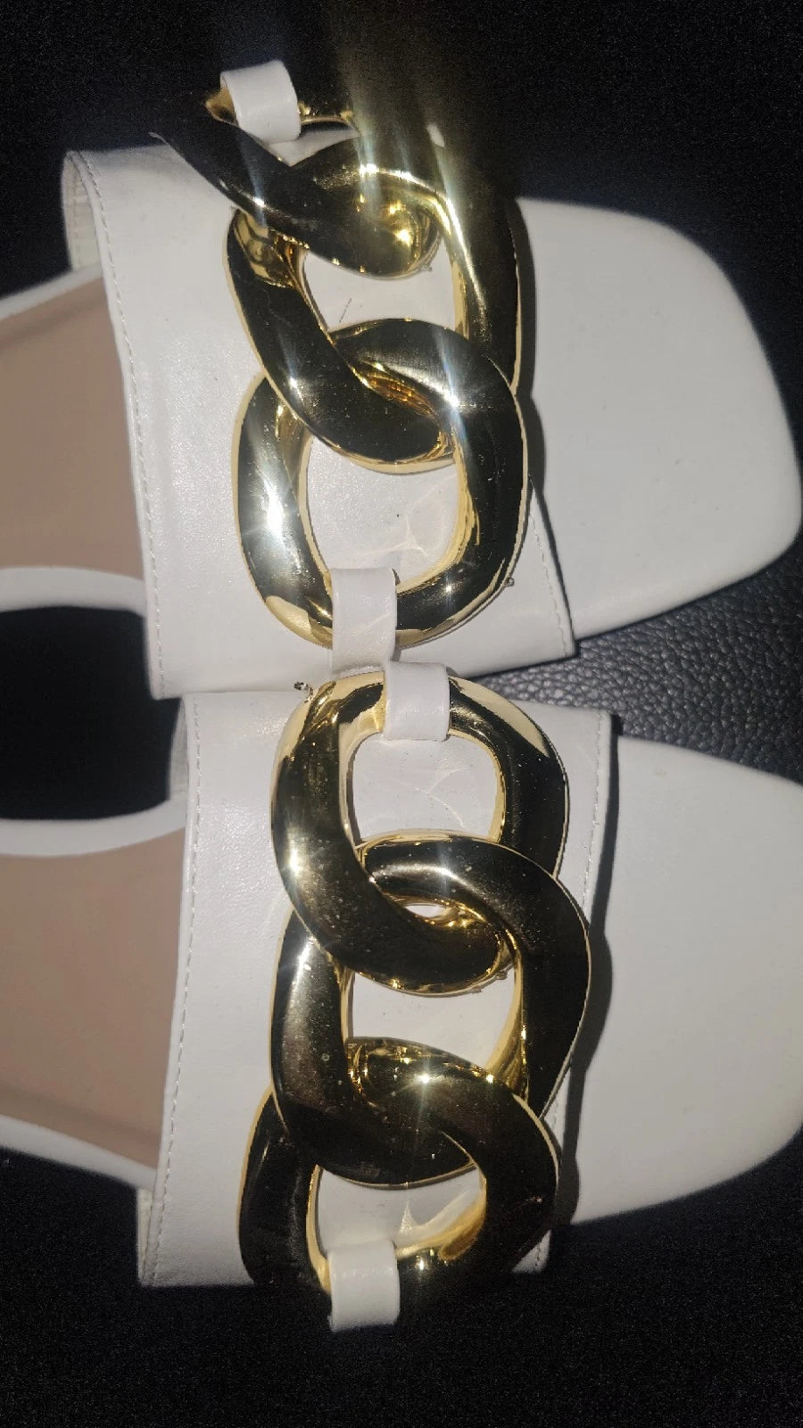 Fashion Nova White Slide Sandals with Gold Chain Detail