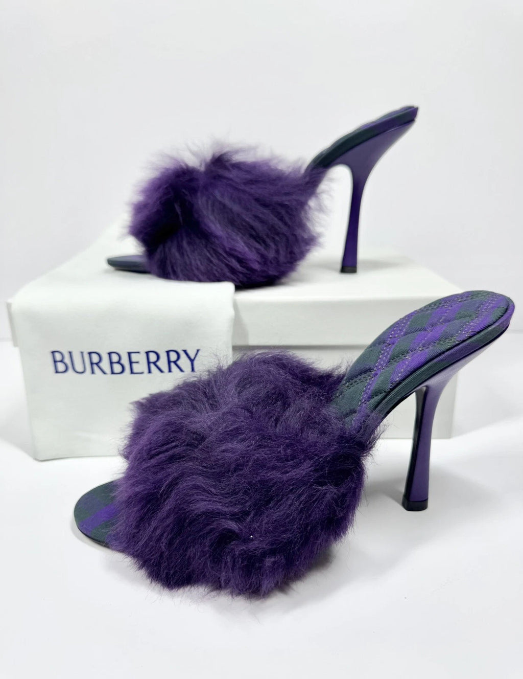 BURBERRY SANDALS MINNIE SHEARLING SLIDE PURPLE STILETTO HEEL WOMENS EU 39 US 9