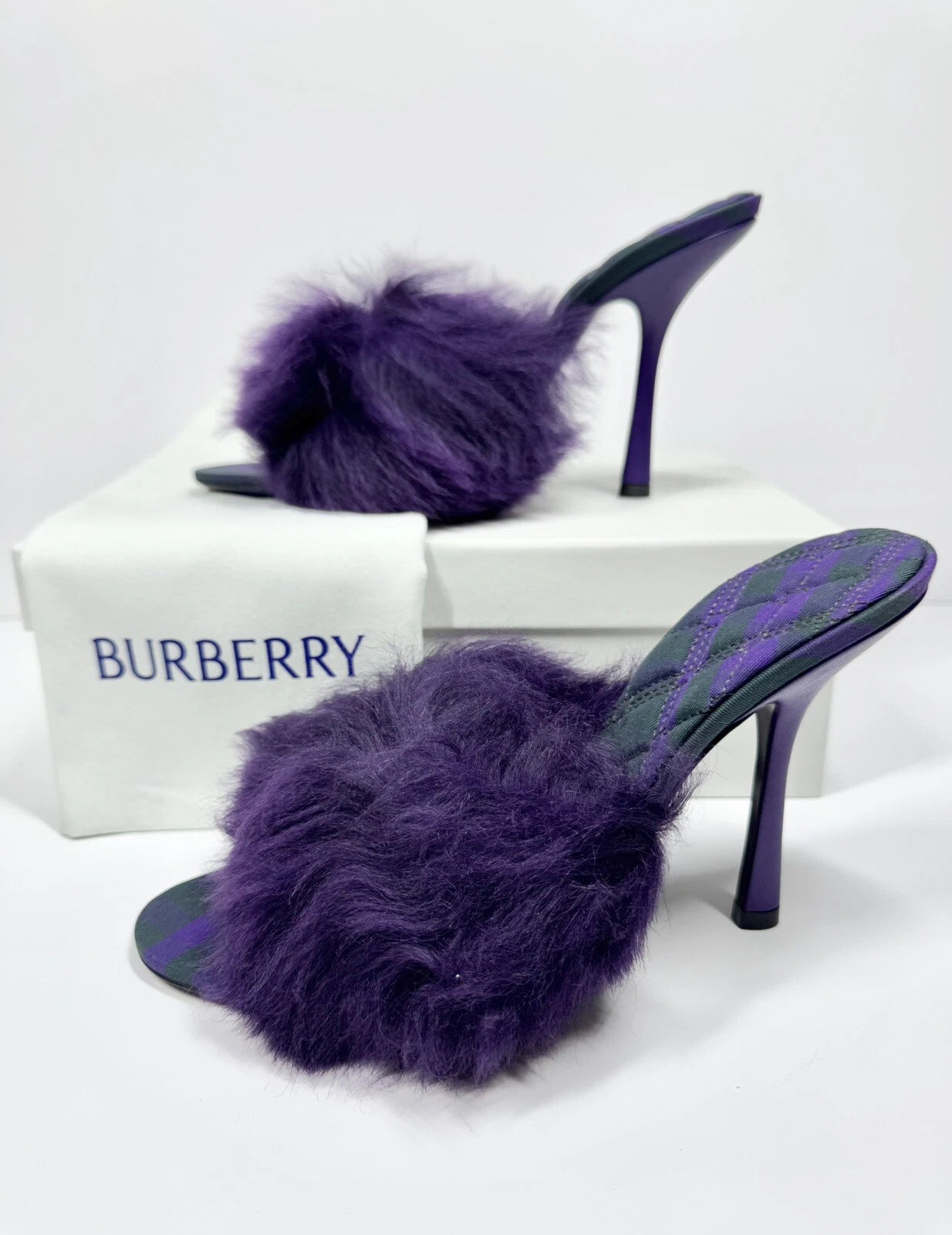 BURBERRY SANDALS MINNIE SHEARLING SLIDE PURPLE STILETTO HEEL WOMENS EU 39 US 9