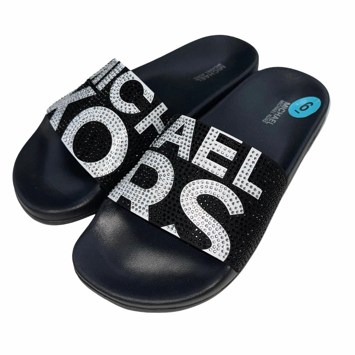 Michael Kors Slides Womens Rhinestones Rainbow Black Bling Sparkly Pride Gilmore