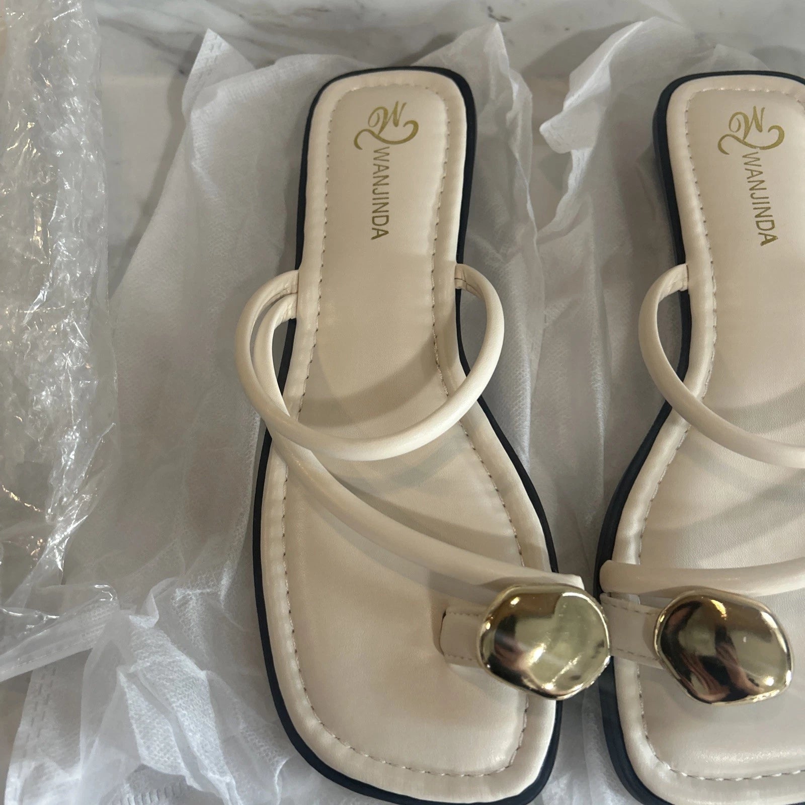 Women's Leather Strappy Metal Toe Ring Slides Sandals Fashion Comfortable Ope...