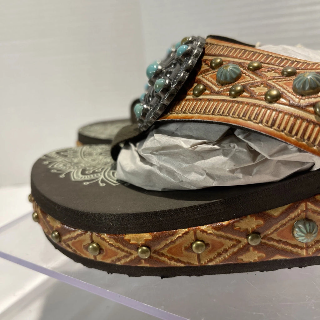 Montana West Tan/Brown Embossed Studs Western Style Wedge Sandals Sz8-8.5