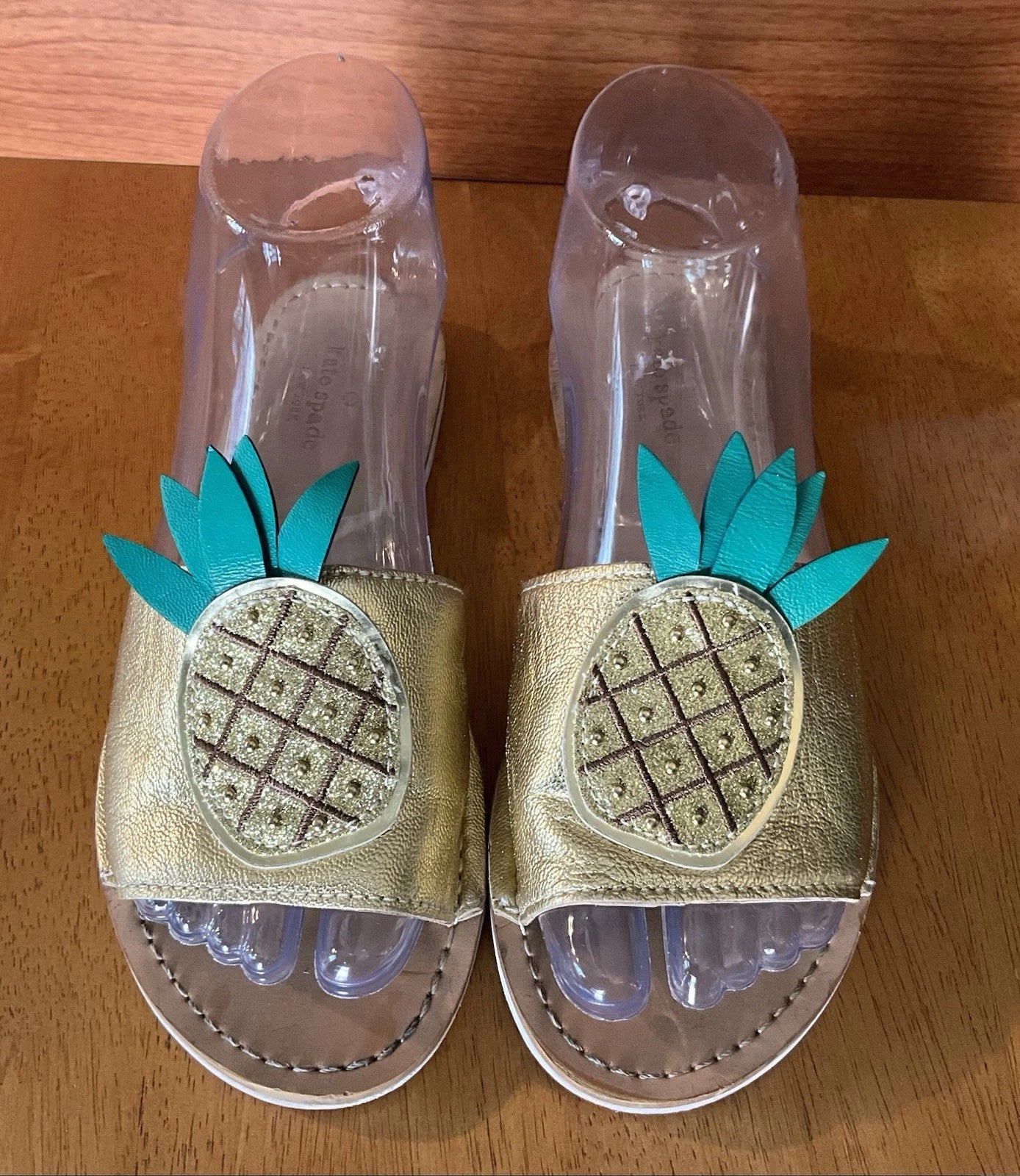 Kate Spade Womens Gold Metallic Leather Glitter Pineapple Sandals Slides Size 6