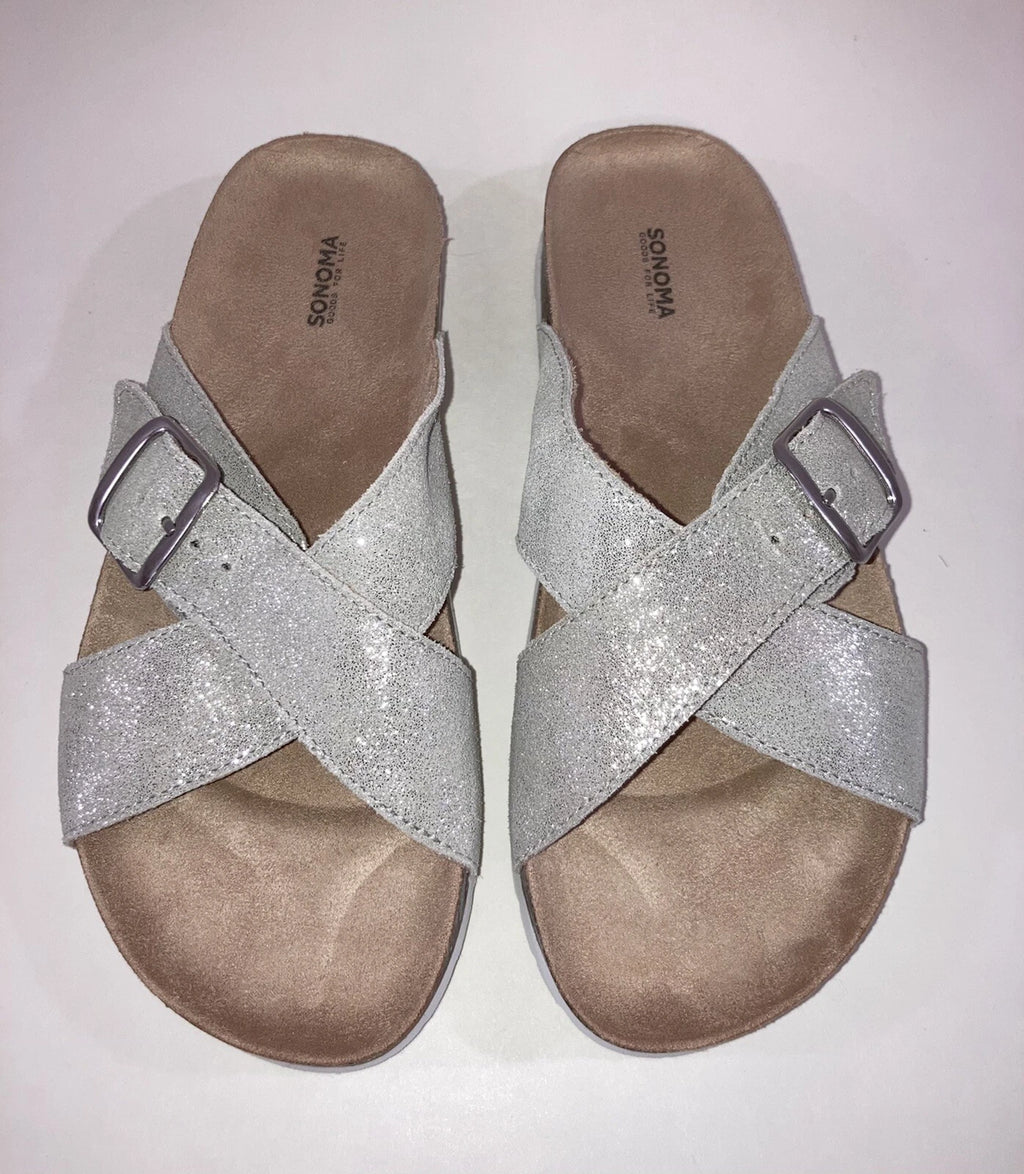 Sonoma Silver Suede Buckle Slide Footbed Sandals Size 7.5 Style Tarragon NEW