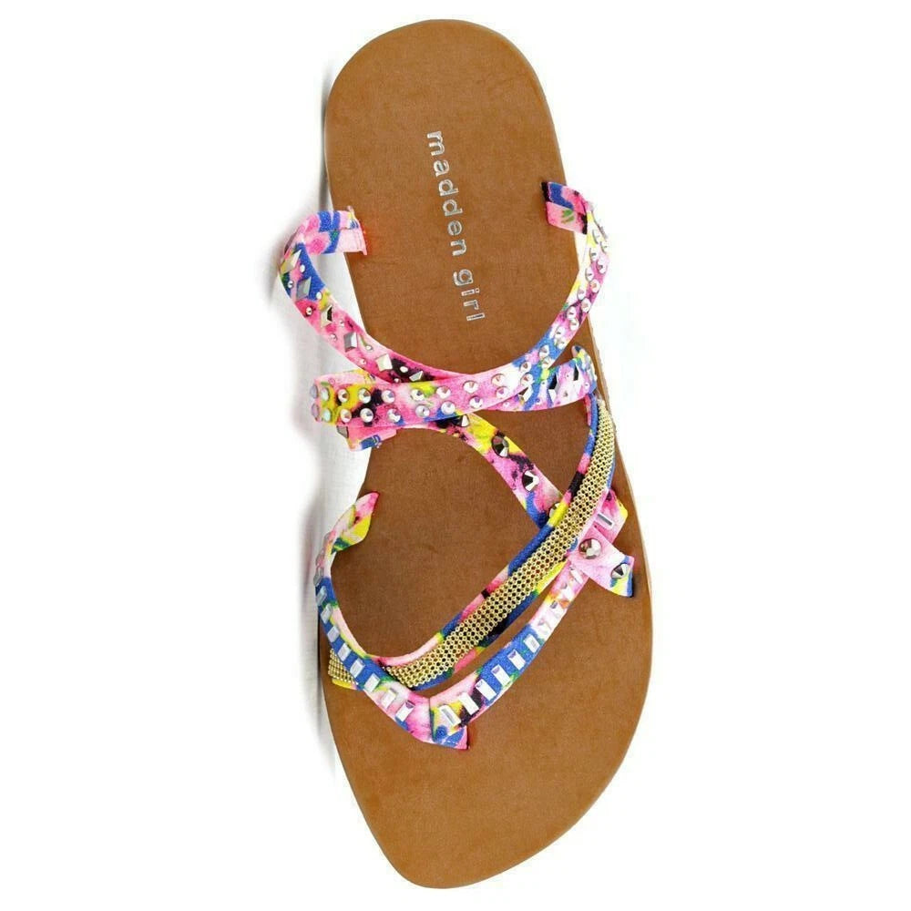 MADDEN GIRL Womens size 7 Floral Canvas Jeweled Slides/Slingback Fashion Sandals