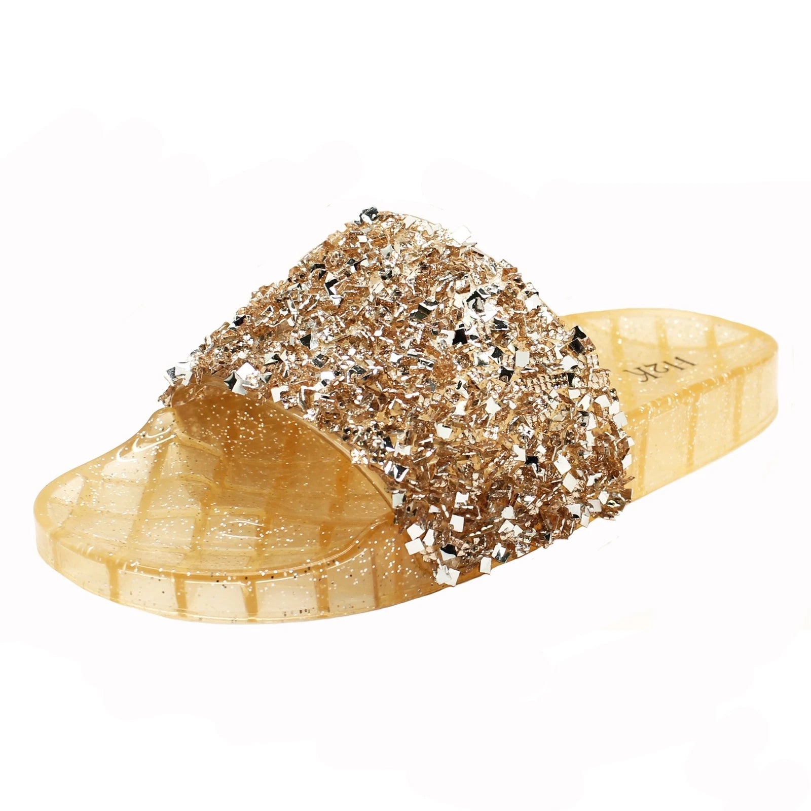 H2K CANDY Rose Gold Color Glitter Beads Fashion Slides Flip Flops Sandals Bling