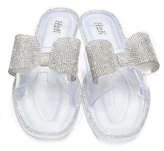 H2K Lucia Silver Fashion Jelly Slides Flip Flops Bow Sandals Bling Open Toe New