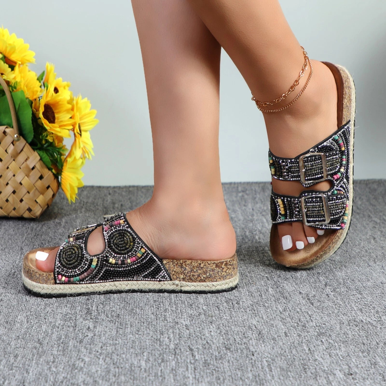 Glaze Women's Beaded Rhinestone Sandal Buckle Cork Footbed Slides Bohemian Style