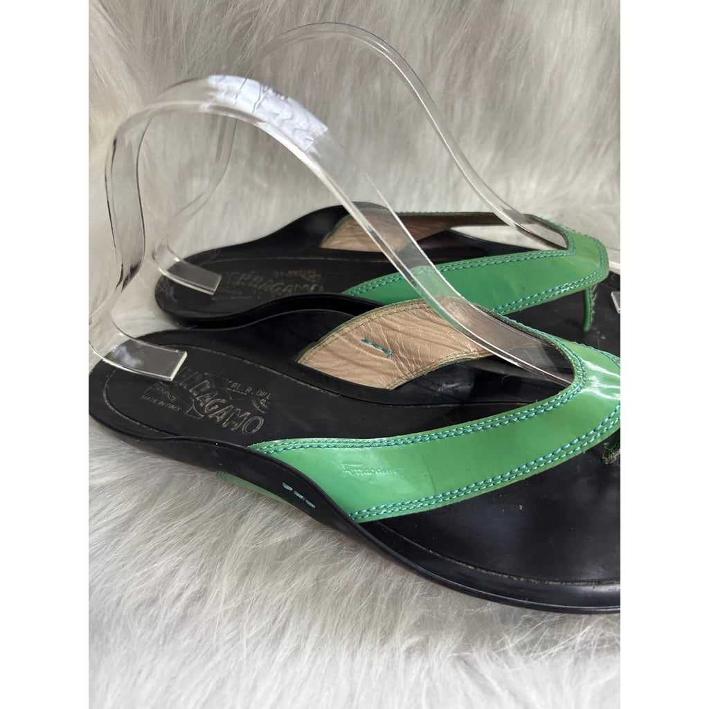 Salvatore Ferragamo Women's Sandals Thong Slide Leather Green Patent Size 8