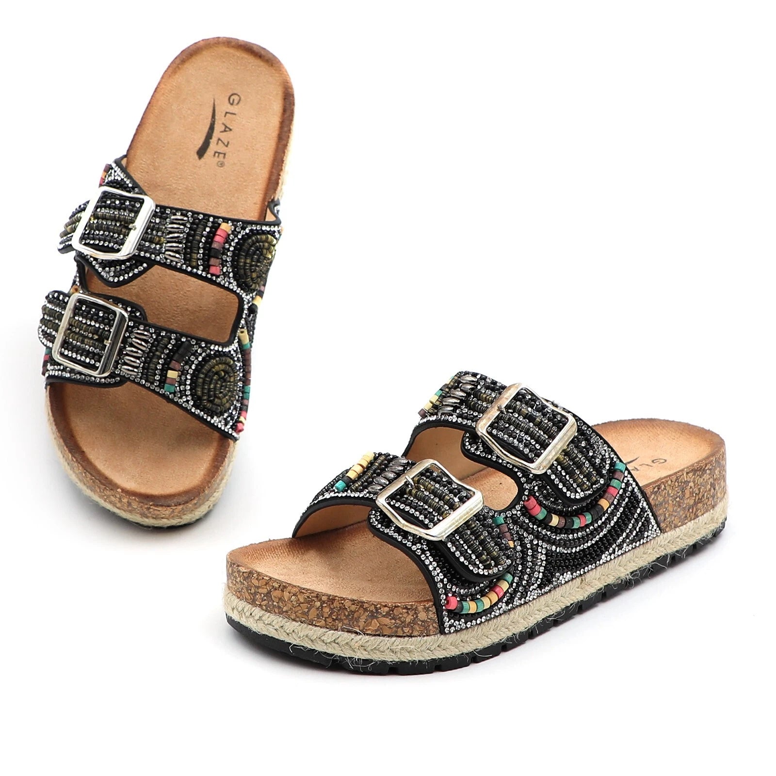 Glaze Women's Beaded Rhinestone Sandal Buckle Cork Footbed Slides Bohemian Style