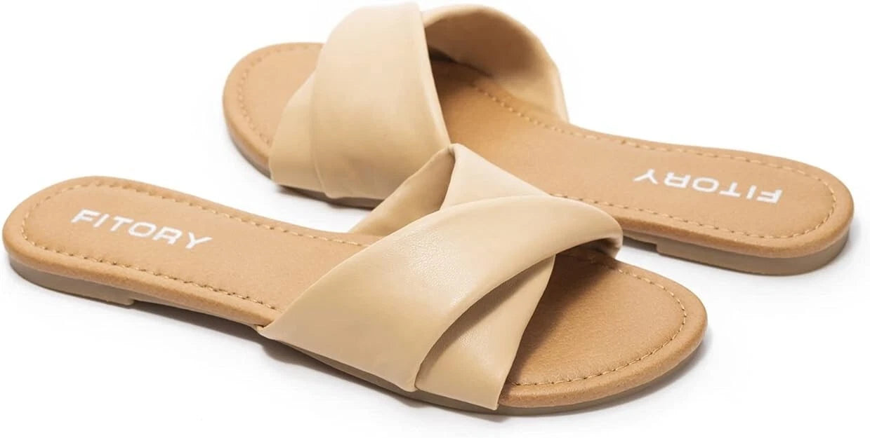 Women's Flat Sandals Fashion Slides With Soft Leather Slippers for Summer US 7