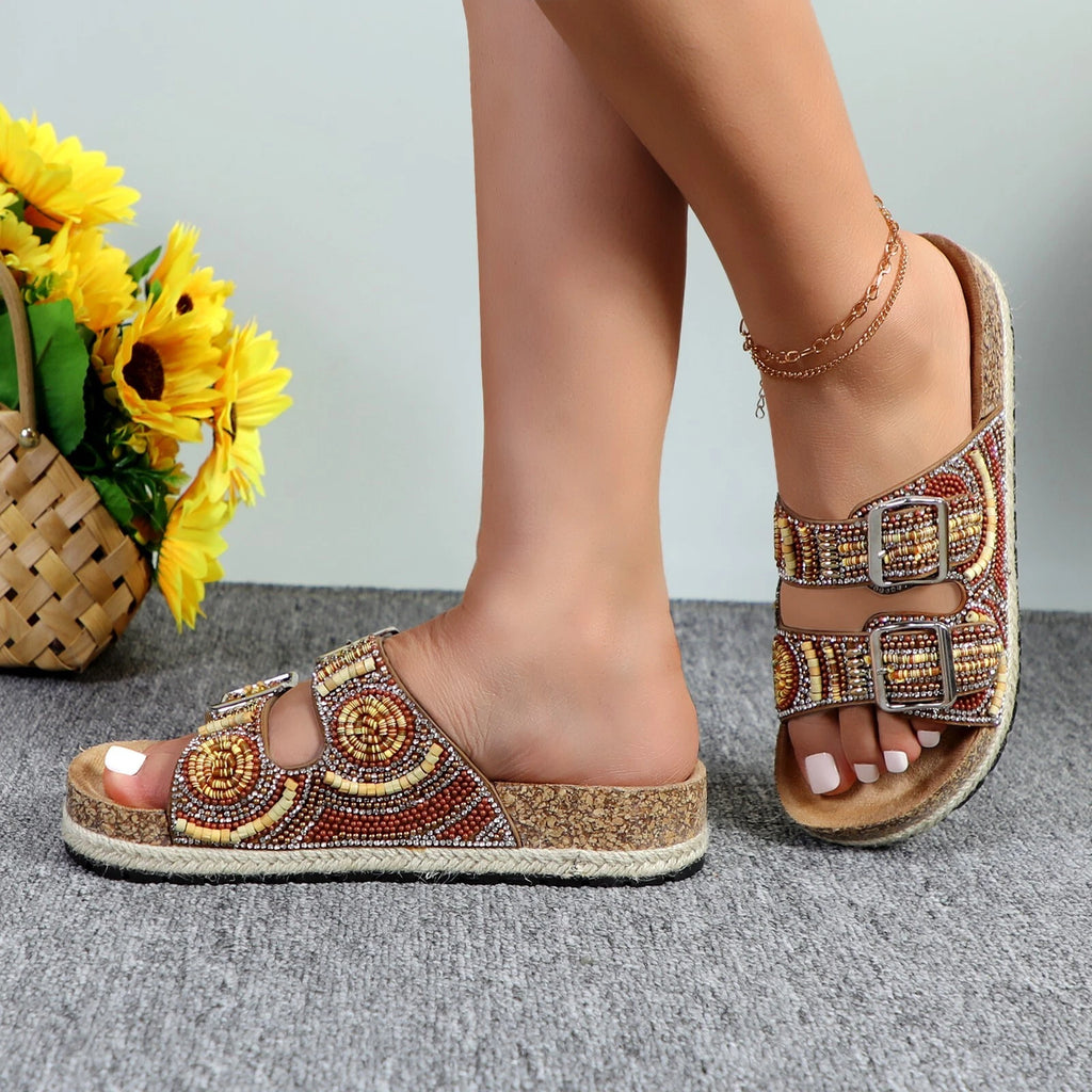Glaze Women's Beaded Rhinestone Sandal Buckle Cork Footbed Slides Bohemian Style